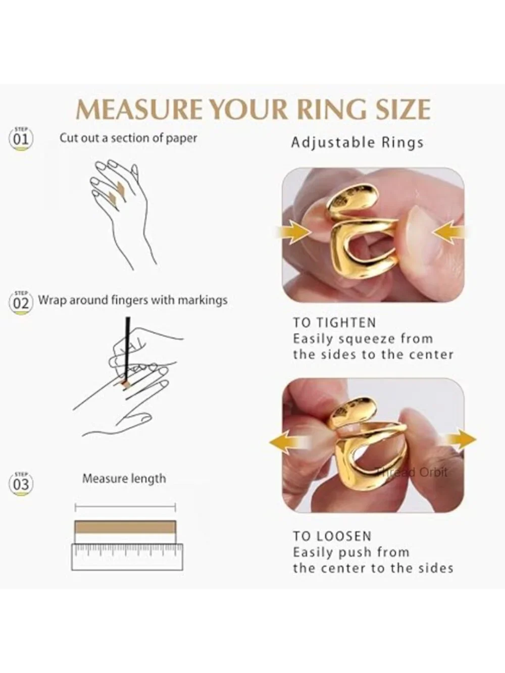 14K Gold Plated Stainless Steel Chunky Statement Stackable Open Adjustable Ring